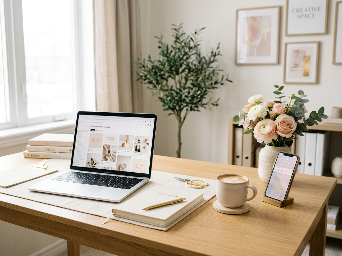 A bright creative workspace with a laptop, notebook, and phone